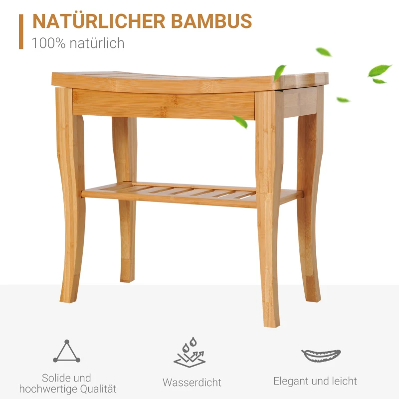 HOMCOM Duschhocker Badhocker mit Ablage Duschsitz Duschstuhl Badstuhl Badregal Bambus 47,5 x 26 x 44,5 cm Natur