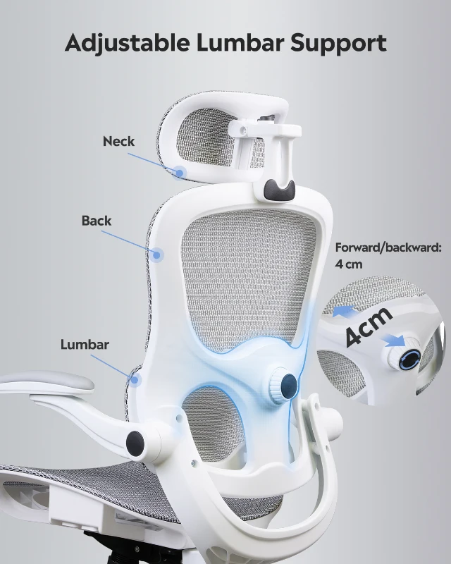 DEVAISE Ergonomic High Back Chair, Breathable Mesh Office Chair Featuring Dynamic Lumbar Support, Adjustable Headrest, 3D Armrests and 360° Swivel Function for Home Office, Grey