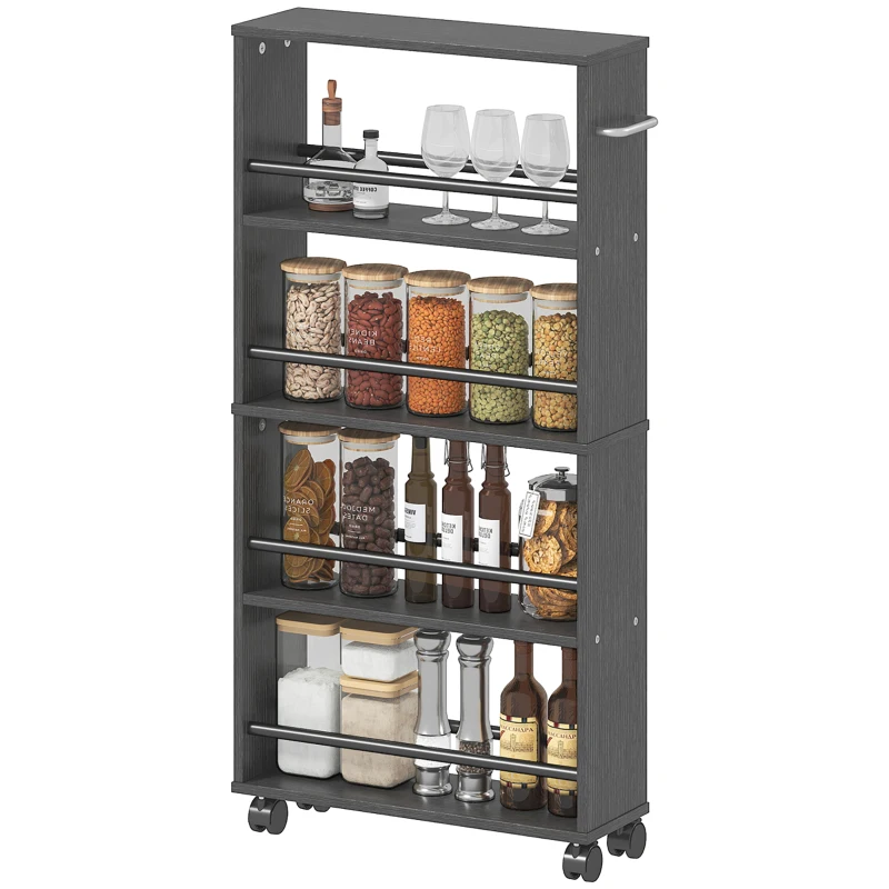 HOMCOM Multifunktionsregal mit Rollen, schmale Bauweise, 4 Fächer, 45x15x91 cm, Schwarz
