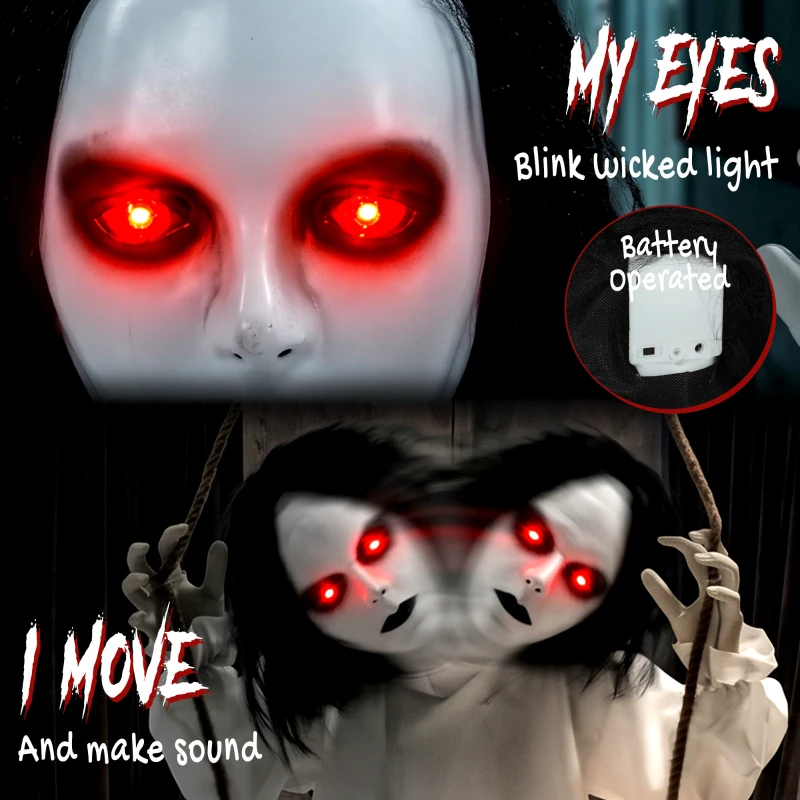 HOMCOM 170cm Animated Hanging Swing Ghost Halloween Decoration, Sound Touch Activated Ghost Halloween Animatronic