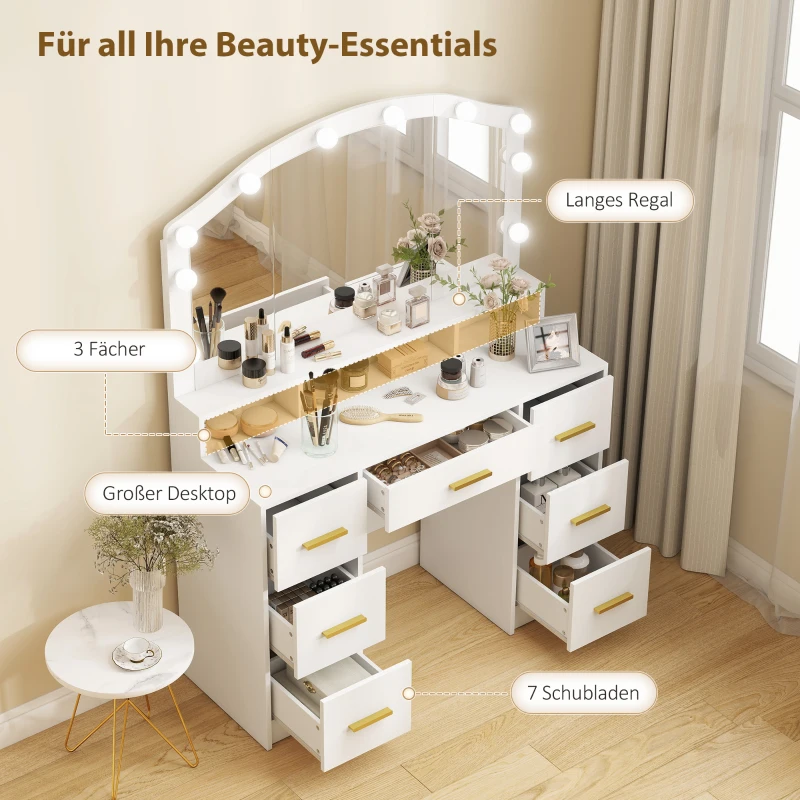 HOMCOM Schminktisch mit 10 LED-Hollywood-Lampen, Spiegel, 7 Schubladen, 3 Fächer, MDF, Weiß
