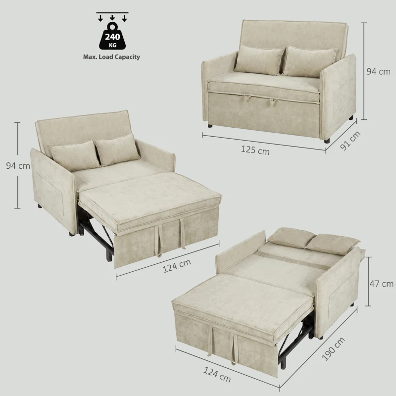 HOMCOM Canapea Convertible 2 Locuri, Canapea-Pat 3 în 1 Catifea 137 cm, Spătar Reglabil, Șezut Lat, 2 Perne, Verde