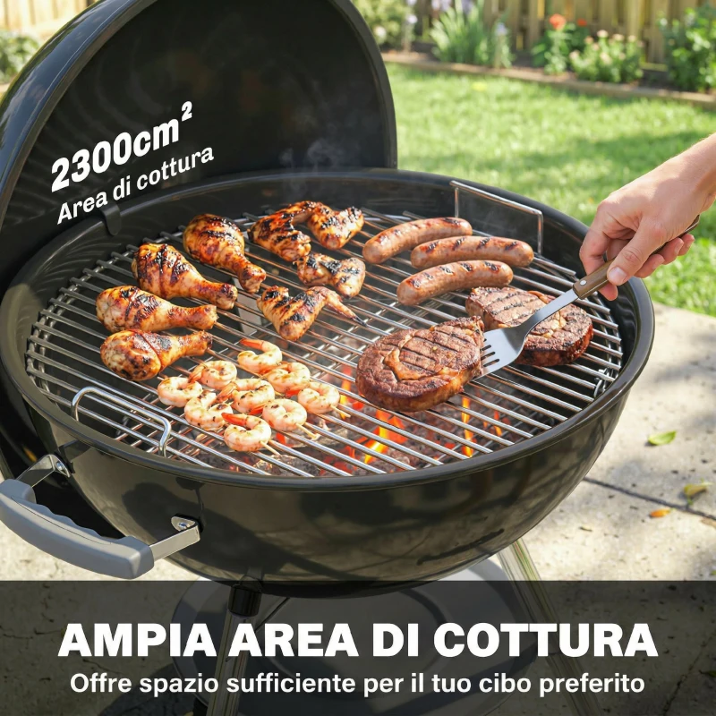 Outsunny Barbecue a Carbone Rotondo con Termometro e Ripiano Inferiore, in Metallo e Acciaio Inox, 73x65x105 cm, Nero