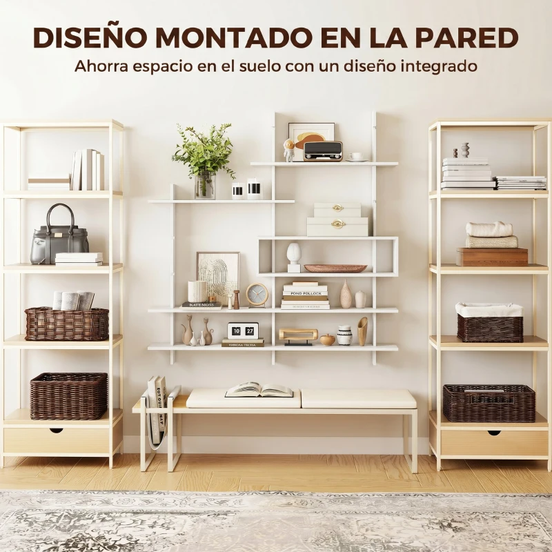 HOMCOM Estantería Flotante de Pared Geométrica con 4 Niveles y Compartimento Central Blanca