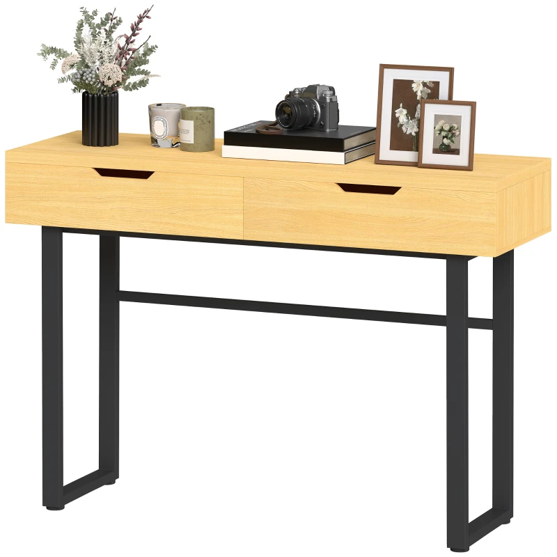 HOMCOM Konsolentisch Schmaler Flurtisch mit 2 Schubladen, Metallrahmen, für Flur 110 x 35 x 76,5 cm Natur