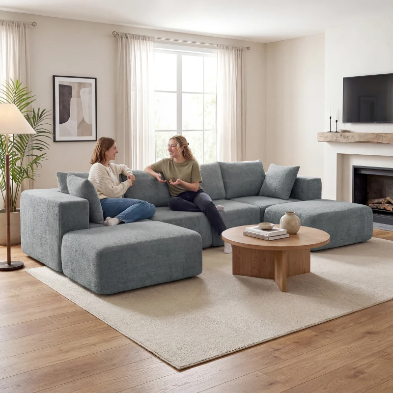 HOMCOM Modulares Ecksofa, U-Form Sofa mit breitem und tiefem Sitz, 2 Hocker, dunkelgrau