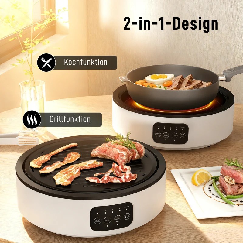 HOMCOM Dual-Keramikkochfeld, 2-in-1 Design, zum Kochen und Grillen, 2000W, 4 Hitzestufen, LED-Display, Fettfangschale, Weiß