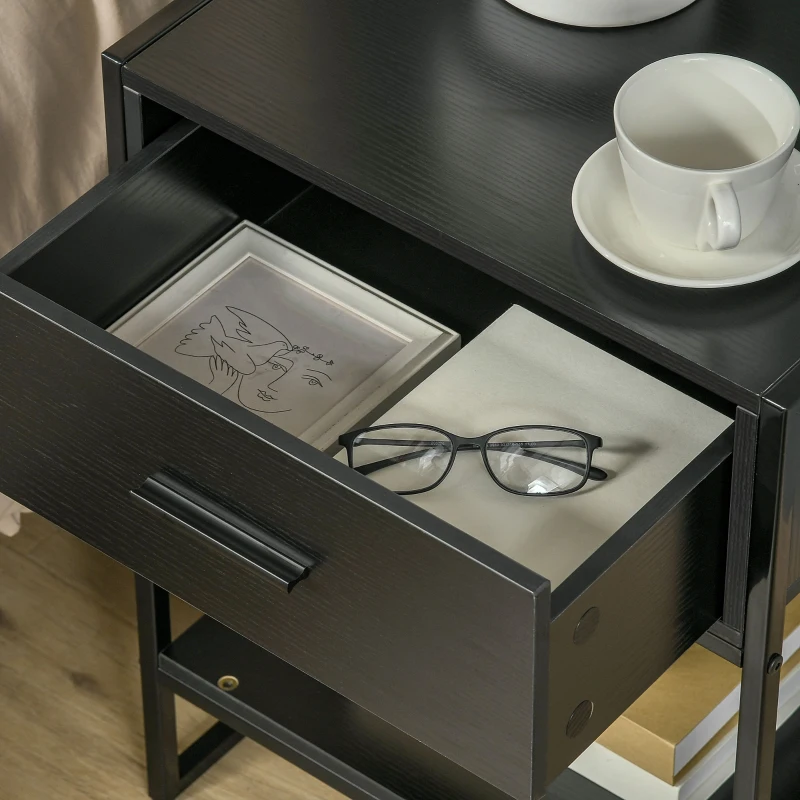 HOMCOM Conjunto de 2 Mesas de Cabeceira com 1 Gaveta e Prateleira de Armazenamento Estilo Moderno 45x40x60 cm Preto