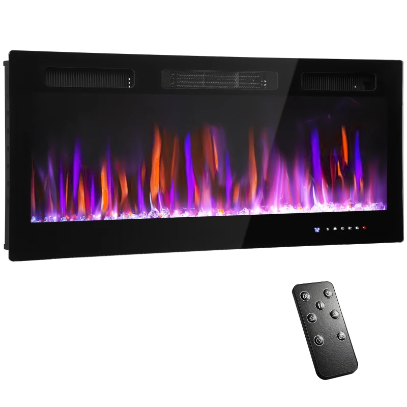 HOMCOM Elektrischer Kamin, Wandmontage, verstellbare Flammen, Thermostat, Timer, Stahl, Schwarz
