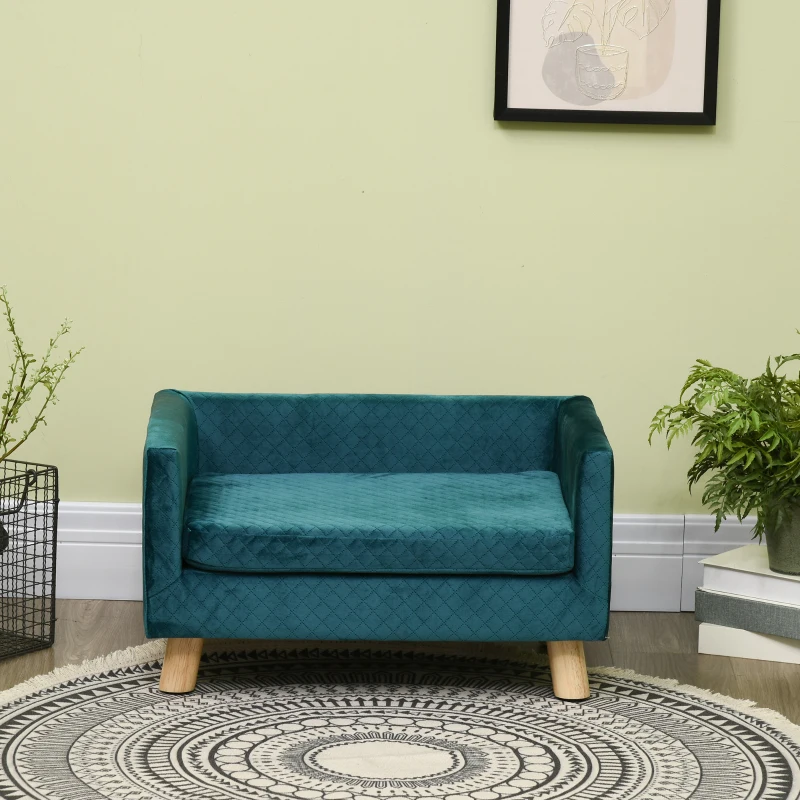 PawHut Sofá para Perros Pequeños 64x45x36 cm Tapizado en Terciopelo con Cojín Lavable y Patas de Madera de Abedul Azul Verdoso