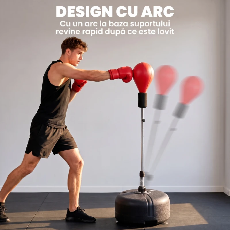 HOMCOM Punching Ball cu Înălțime Reglabilă cu Mănuși de Box, din Oțel, Piele Sintetică și PE, Ø48x136-154 cm, Negru și Roșu