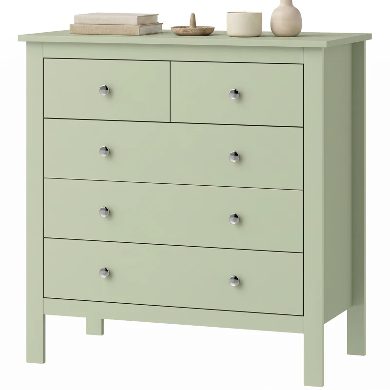 HOMCOM 5 Drawer Chest of Drawers, Modern Dresser for Bedroom, Bedside Storage Cabinet, Wide Storage Unit with Glide Runners for Living Room, Hallway, Closet, 79 x 39.5 x 80.5 cm, Sage Green