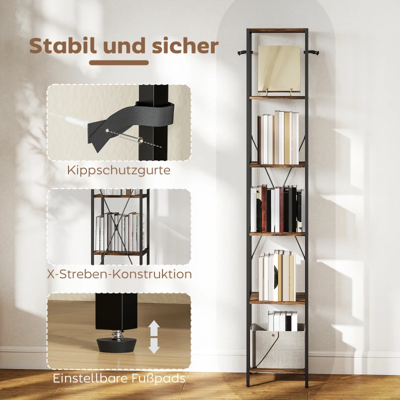 HOMCOM 2er-Set 6-Ebenen-Bücherregal, Stahlrahmen, für Wohnzimmer, Büro, Schlafzimmer, Rustikal-Braun