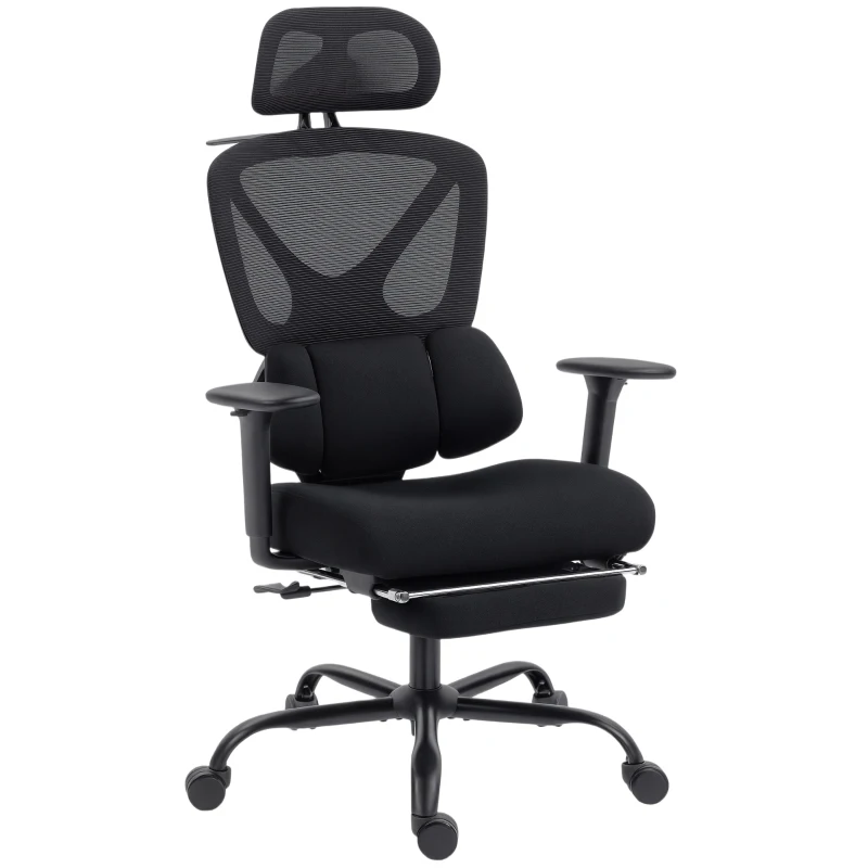 HOMCOM Ergonomischer Bürostuhl mit Rollen, Netzstoff, Lendenstütze, Computerstuhl mit Armlehnen, verstellbare Kopfstütze