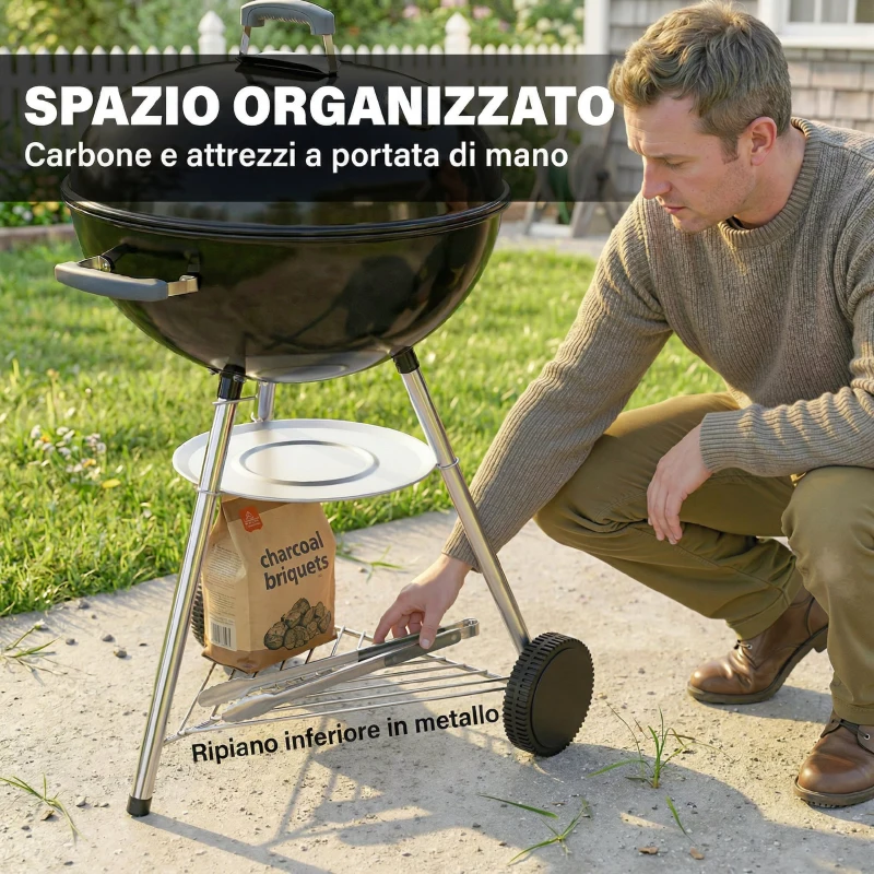 Outsunny Barbecue a Carbone Rotondo con Termometro e Ripiano Inferiore, in Metallo e Acciaio Inox, 73x65x105 cm, Nero