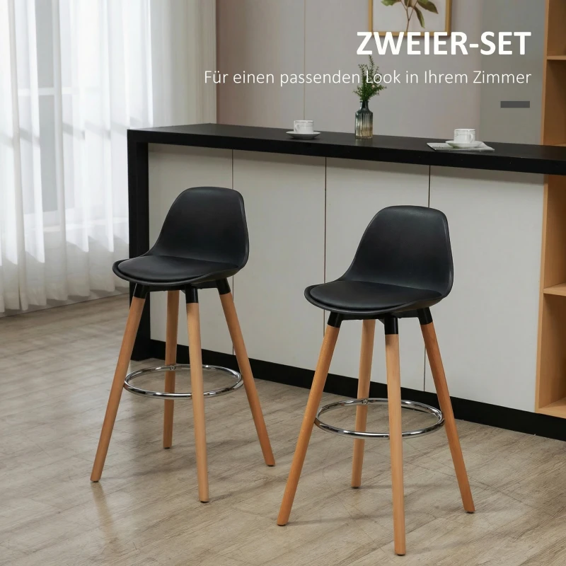 HOMCOM 2er-Set Barhocker Barstühle Skandi-Design, Fußtstütze, 43 cm x 43 cm x 91 cm, Natur + Schwarz