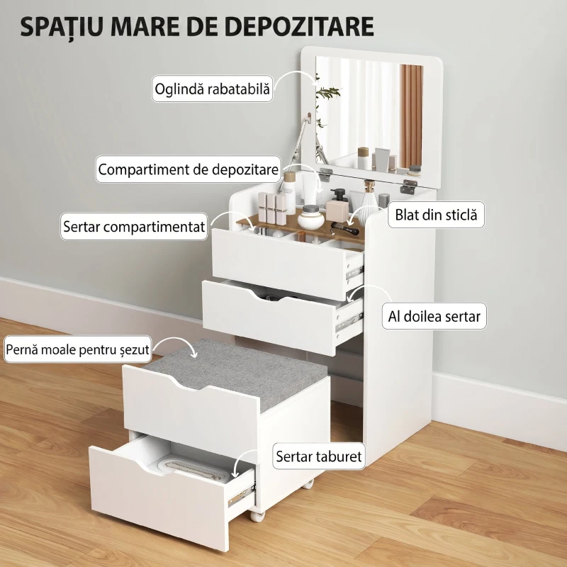 HOMCOM Măsuță de Toaletă cu Oglindă Rabatabilă și Scaun, Compactă, Alb
