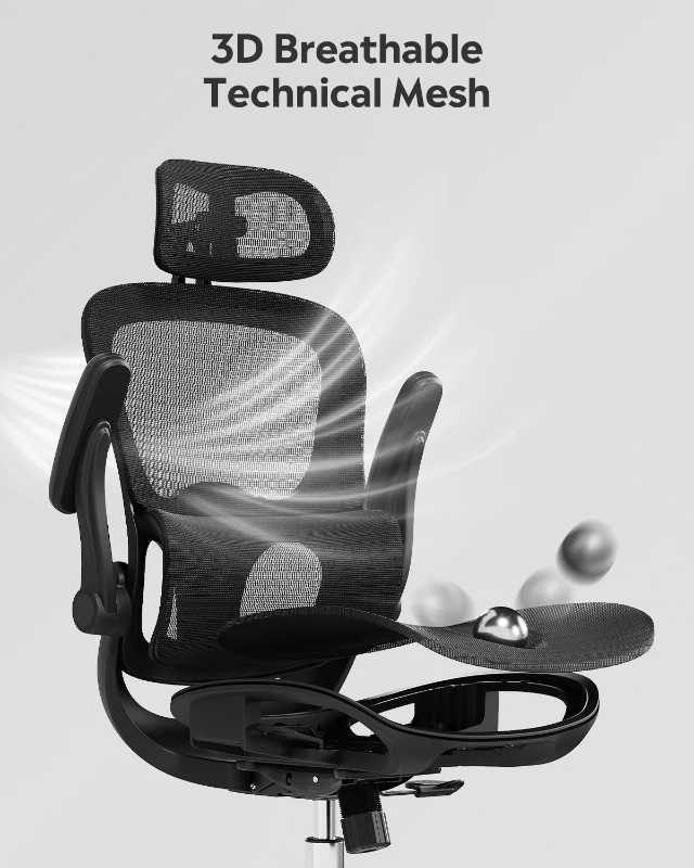 DEVAISE Ergonomic High Back Chair, Breathable Mesh Office Chair Featuring Dynamic Lumbar Support, Adjustable Headrest, 3D Armrests and 360° Swivel Function for Home Office, Black