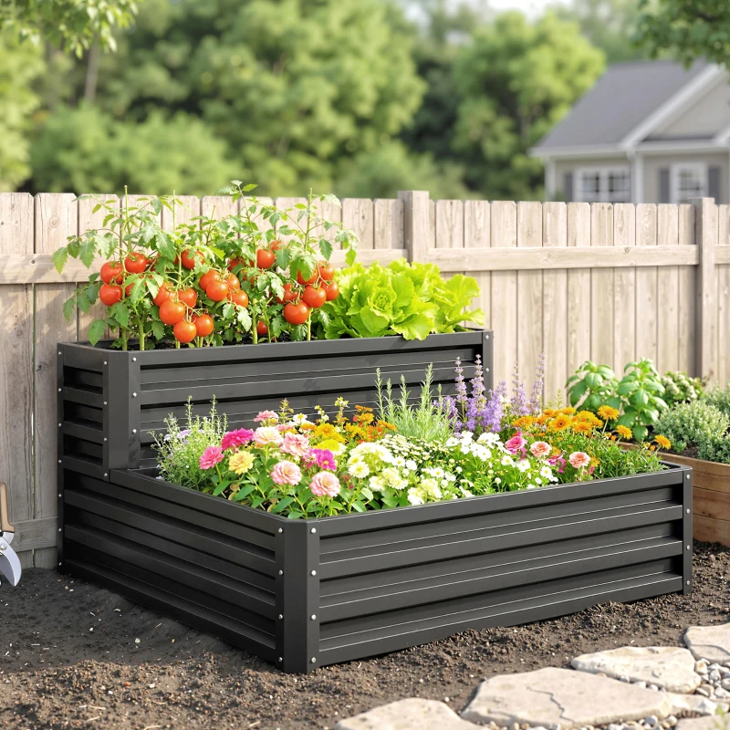 Outsunny 2 Tier Raised Garden Bed, Galvanised Planter Box with Open Bottom for Vegetables Flowers Herbs, 120x101x58cm, Dark Grey