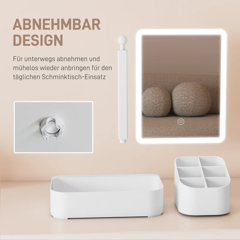 HOMCOM Schminkspiegel mit Beleuchtung wiederaufladbar 180°Drehbar LED Kosmetikspiegel mit 2 Beleuchtungsmodi, Weiß
