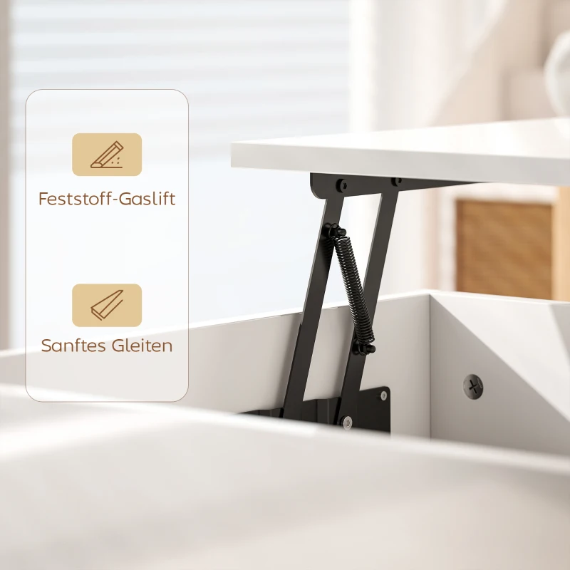 HOMCOM Couchtisch Höhenverstellbar, Moderner Wohnzimmertisch mit verstecktem Stauraum und 2 Schubladen, Hochglanz Weiß