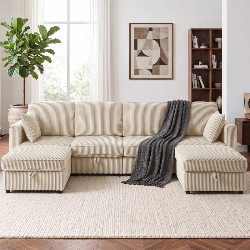 HOMCOM Divano Modulare a U 4 Posti con 2 Pouf Contenitori in Velluto a Coste, 4 Cuscini, Bianco Crema