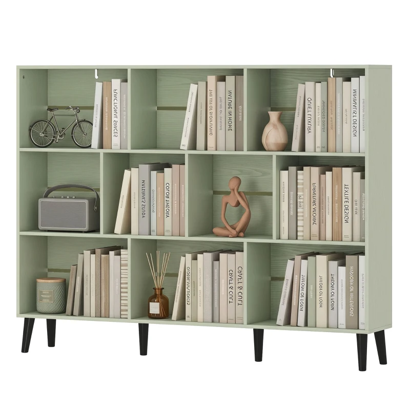 HOMCOM 10-Cube Bookcase, 3-Tier Book Shelf with Solid Wood Legs, 140 cm Modern Bookshelf with Anti-Tip Kit, Light Green