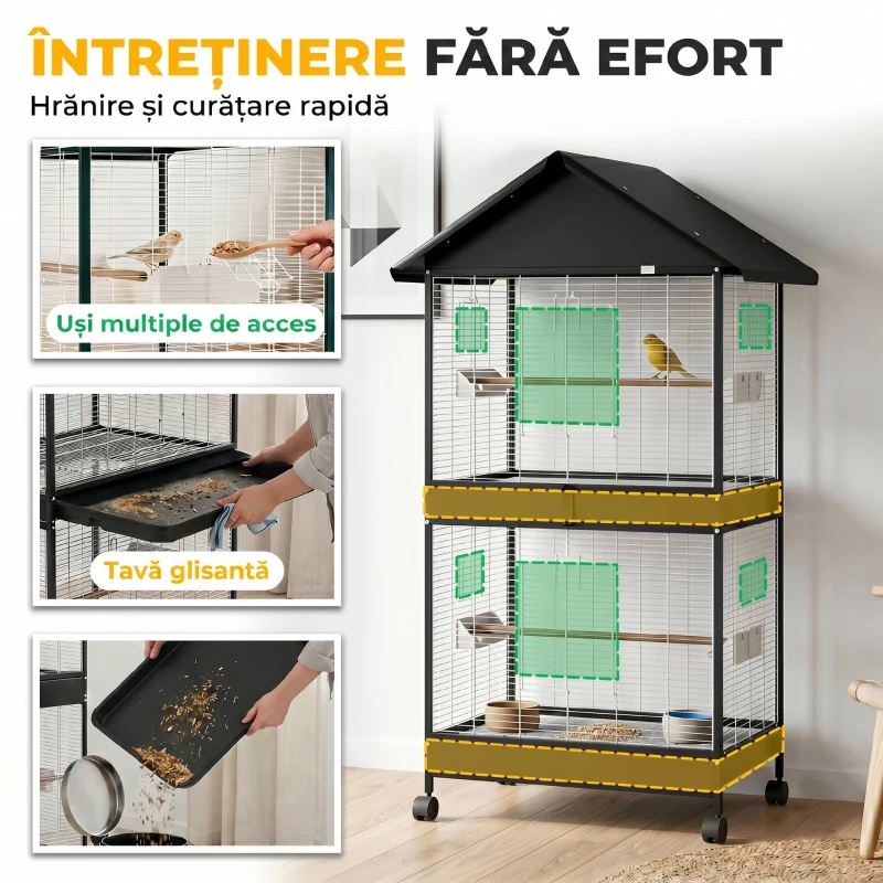 PawHut Colivie Mare pentru Păsări cu Roți, Stinghii, Acoperiș și Hrănitori, pentru Papagali și Canari, Negru