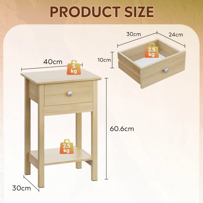 WLIVE Wooden Bedside Table, Nightstand with Shelf Drawer, Wooden Side Sofa Tables, for Small Spaces, End Tables for Living Room, Bedroom (1, Oak)