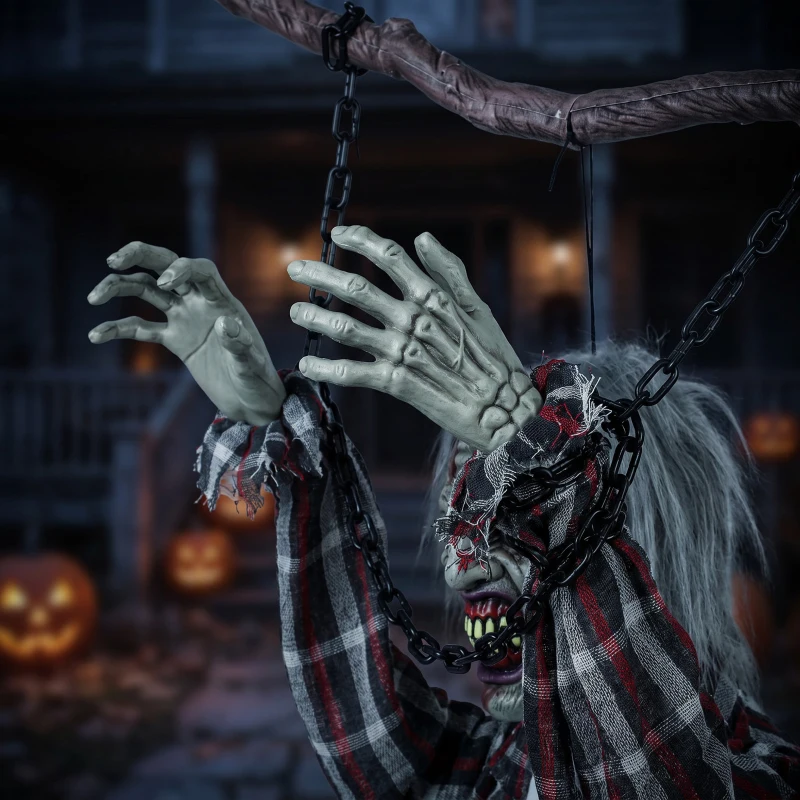 HOMCOM 110cm Screaming Animated Hanging Halloween Decoration, Sound Touch Activated Zombie Decor with Glowing Red Eyes