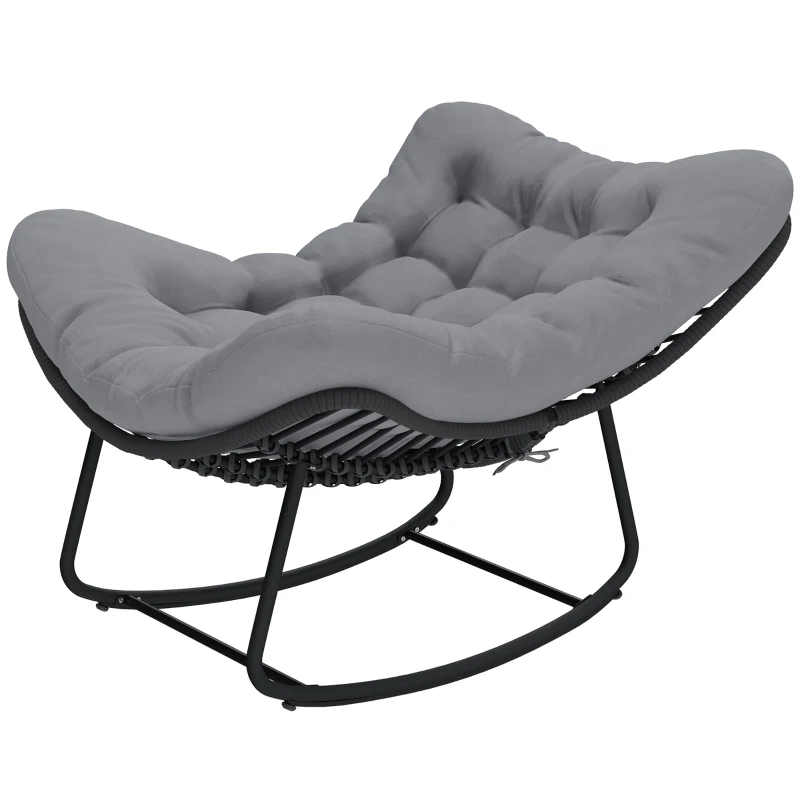 Outsunny Sedia a Dondolo stile Boho in Rattan e Metallo con Cuscino Morbido, 87x110x70 cm, Grigio Scuro