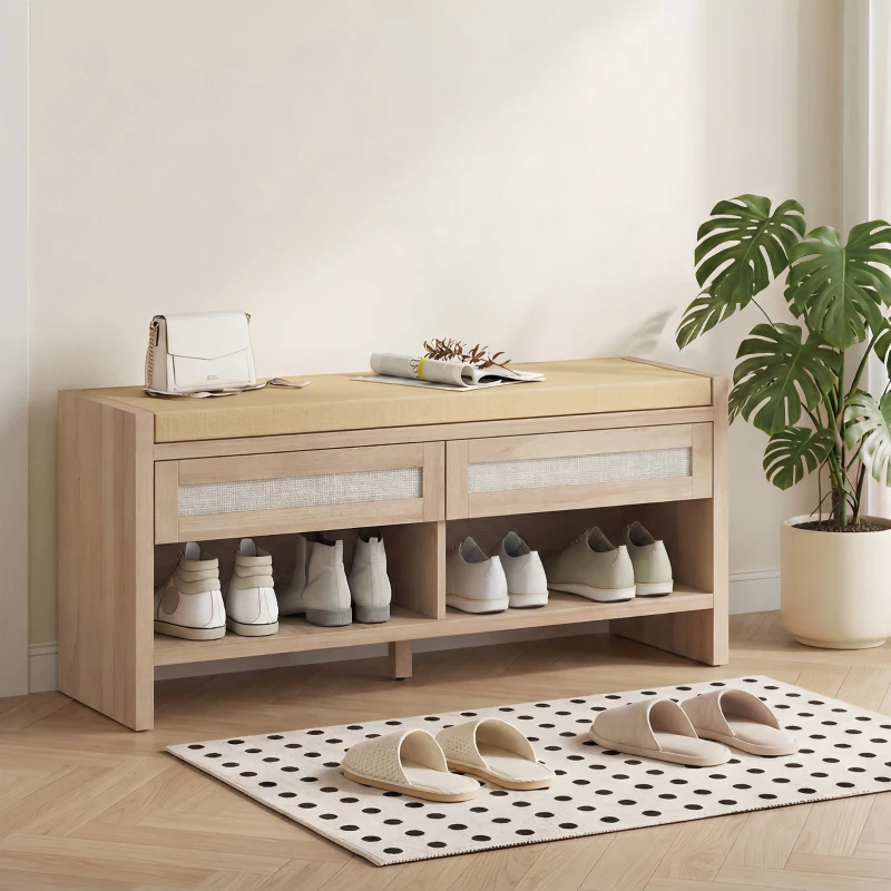 HOMCOM Boho Shoe Bench with 2 Rattan Drawers, Shoe Storage Bench with Cushioned Seat and Open Shelf Oak Wood Effect