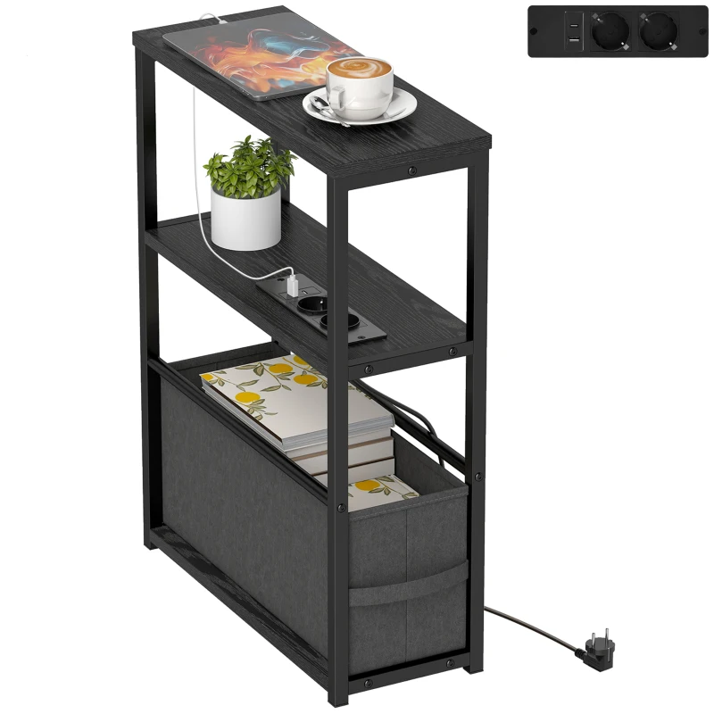 HOMCOM Beistelltisch Sofatisch mit Steckdosenleiste, Ablage, für Kleine Räume, 45x18x60,2cm, Schwarz
