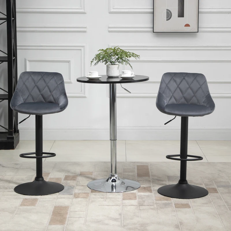 HOMCOM 2er-Set Barhocker, Höhenverstellbare Barstuhl mit Lehne, Samtoptik, Metallgestell, Fußstütze, drehbare, Dunkelgrau