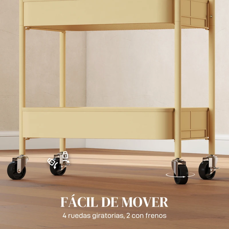 HOMCOM Carrito Auxiliar con Ruedas de 3 Niveles Carrito de Cocina con 3 Cestas y 2 Asas 45x30,6x79 cm Amarillo