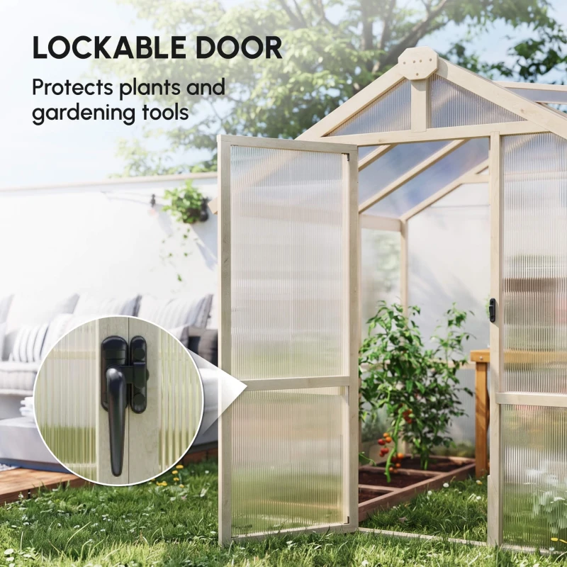 Outsunny 6.6 x 6ft Polycarbonate Greenhouse, Walk-in Wooden Greenhouse with Lockable Door and Window, Garden Plants Grow House, Brown