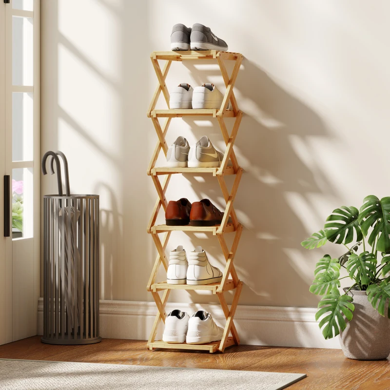 HOMCOM Schuhregal, klappbar Schuhständer mit 6 Ebenen aus Bambus, für max. 9 Paar Schuhe, 30 x 29 x 108 cm, Natur