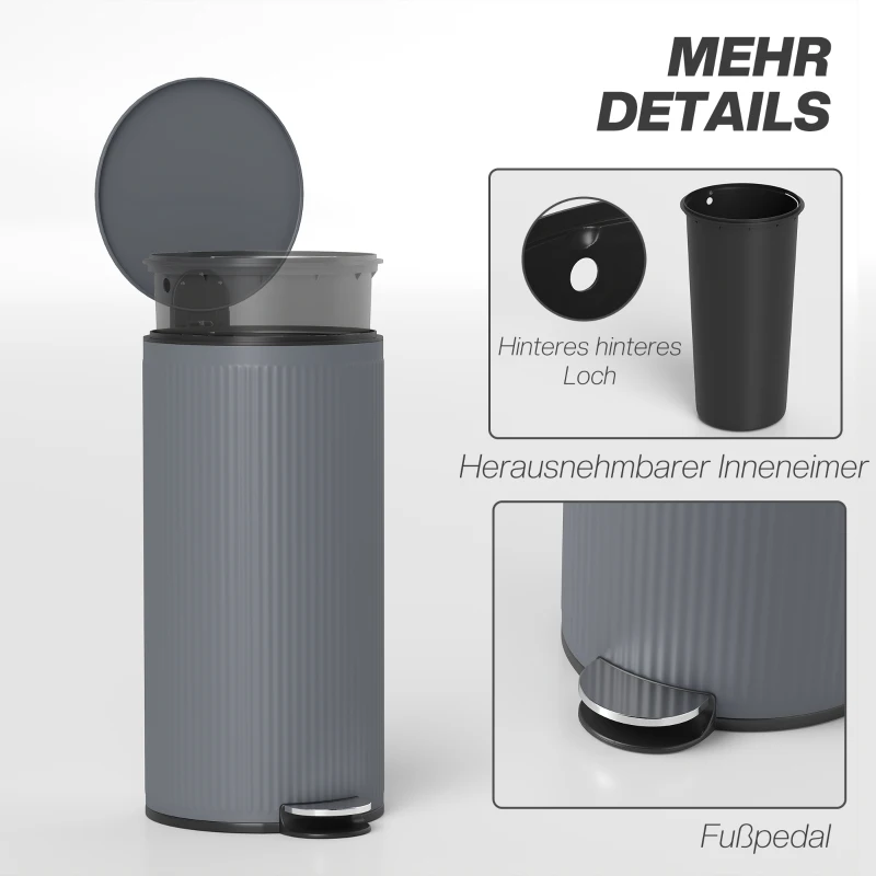 HOMCOM Mülleimer 30 L Treteimer mit Softclose-Deckel und Pedal, Inneneimer Metall, Schwarz, 36 x 30 x 60,5 cm