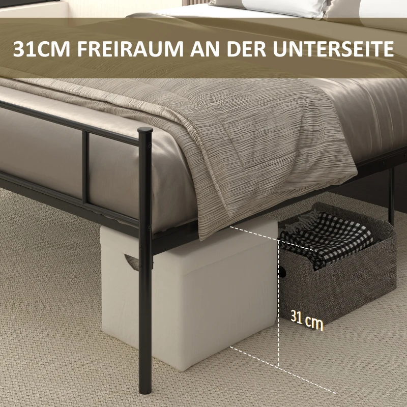 HOMCOM Bettgestell aus Metall mit Kopfteil, 300 kg Belastbarkeit, 145L x 211B x 106H cm, Schwarz