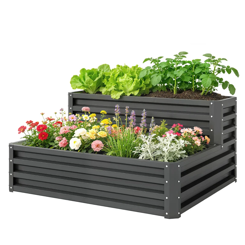 Outsunny 2 Tier Raised Garden Bed, Galvanised Planter Box with Open Bottom for Vegetables Flowers Herbs, 120x101x58cm, Dark Grey