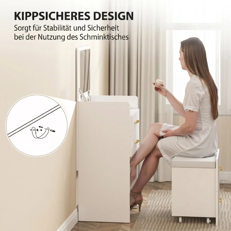 HOMCOM 3-in-1-Schminktisch mit Spiegel, Nachttisch, Rollhocker, Schubladen, Weiß(m-7)