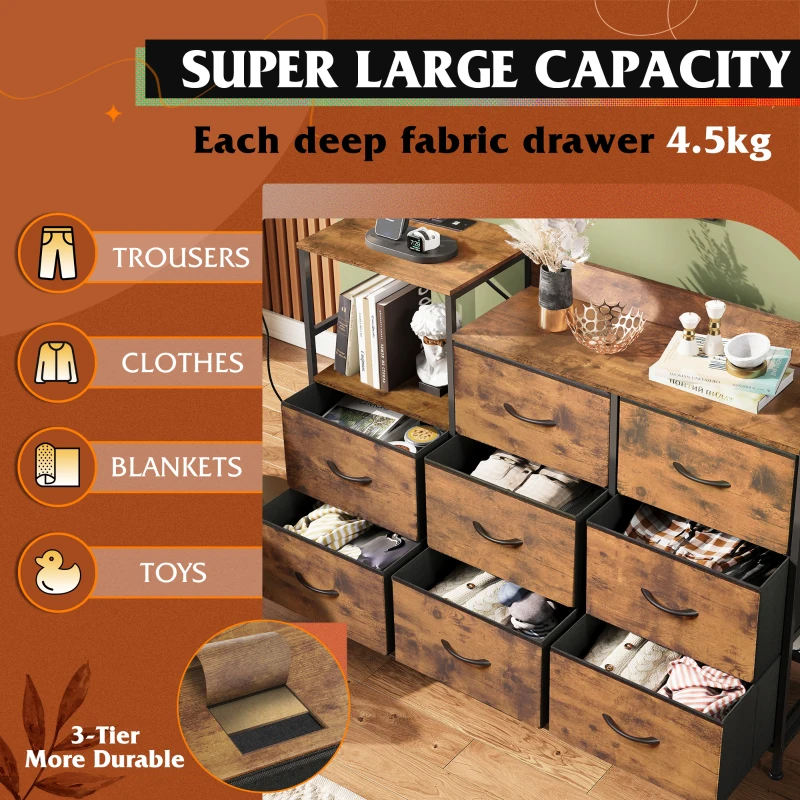 WLIVE Chest of Drawers with Charging Station, 8 Fabric Storage Drawers with Metal Frame and Wooden Top, TV Media Console Table Open Storage Shelves for Bedroom, Living Room, Hallway, Rustic Brown