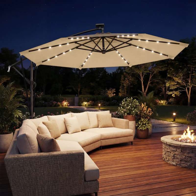 Outsunny Ombrellone a Sbalzo con 32 Luci LED Solari e Manovella, in Metallo e Poliestere, 330x295x245 cm, color Cachi