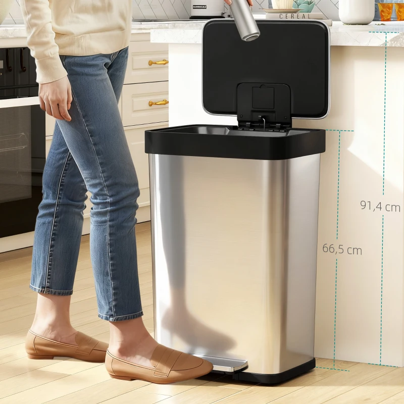 HOMCOM 60 L Mülleimer mit Fußpedal, Edelstahl-Abfalleimer mit sanft schließendem Deckel, Silberfarben