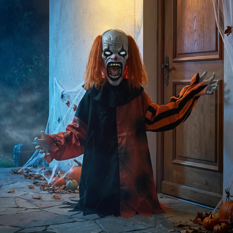 HOMCOM Animated Halloween Face Changing Clown, Animatronic Joker with Cackling Sound, Glowing Eyes, Sound/Touch Activated