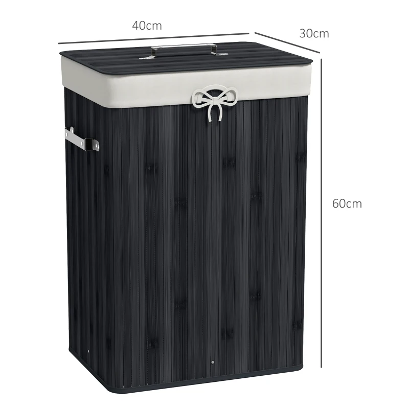 HOMCOM Wäschekorb, Wäschebox, Wäschesammler mit Deckel, Segeltuchsack, Bambus, faltbar, 72L, Schwarz 40 x 30 x 60 cm