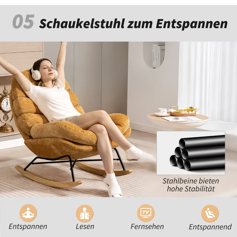 HOMCOM Gepolsterter Schaukelstuhl mit Stahlbeinen und Holzkufen, Gelb