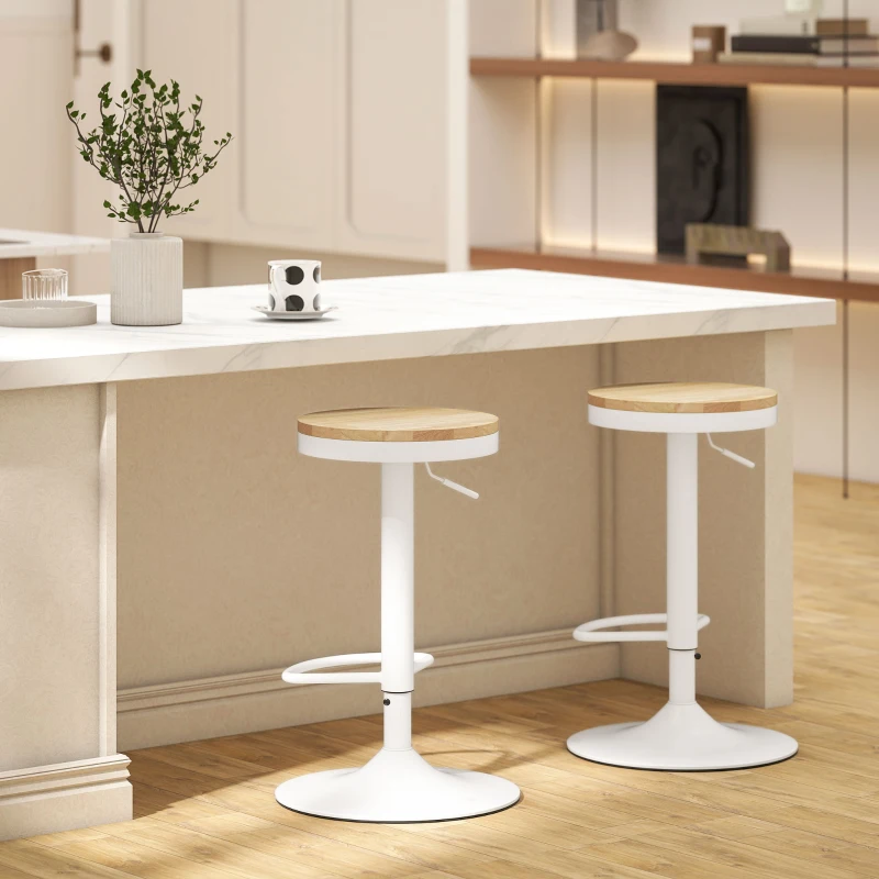 HOMCOM Barhocker 2er Set, Höhenverstellbar 360° Drehbar Barstuhl mit Stahlgestell Fußstütze 38,5x38,5x60-80 cm Naturholz+Weiß