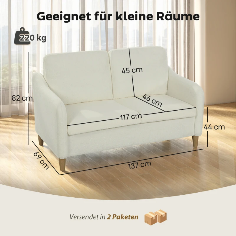 HOMCOM Sofa 2 Sitzer kleine Couch mit Sherpa-Fleece-Optik 137 cm für Wohnzimmer Cremeweiß