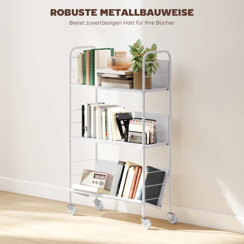 HOMCOM Bücherregal Aufbewahrungsregal mit 3 Ebenen, Rädern, Spielzeugregal für Schlafzimmer, 69 x 26 x 108 cm, Weiß